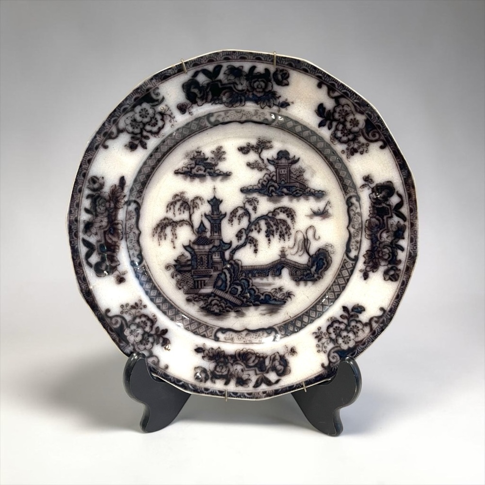 Antique E Challinor "Pelew" Transferware  Plate 9.5" Staffordshire Mulberry Blue